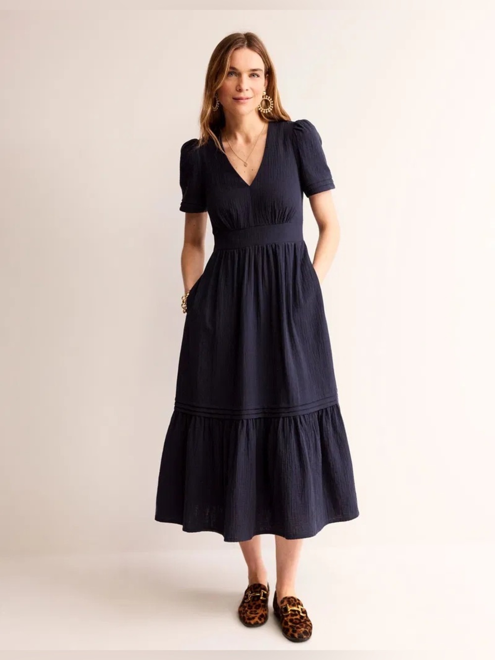 Boden Dress Womens 16 18 Eve Double Cloth Gauze Midi Navy Blue